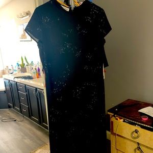 Black high neck long dress short sleeves subtle floral pattern